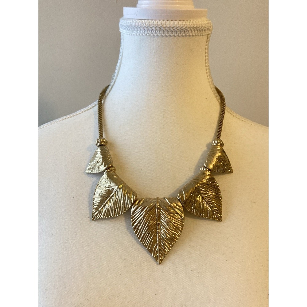 Gold Tone Textured Leaf Statement Necklace Botanical Boho‎ Collar Chunky & Bold